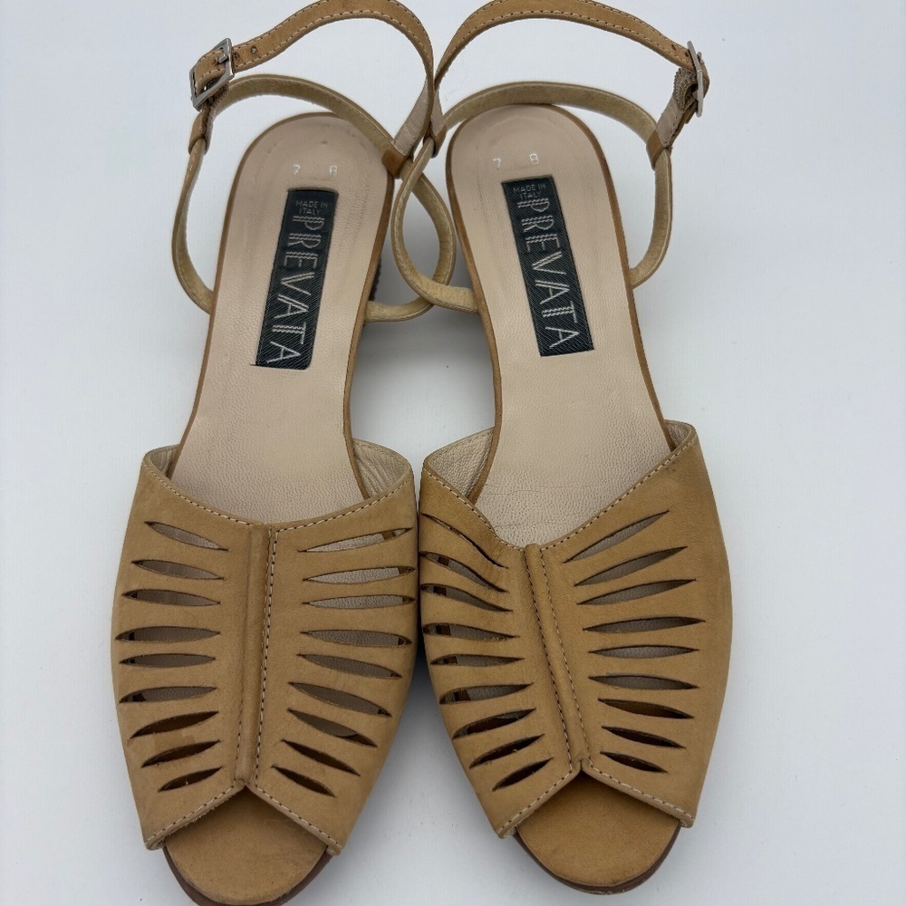 Prevata Leone Nabuk Camel Slide On Open Toe Wedge Sandal with Ankle/Heel Strap